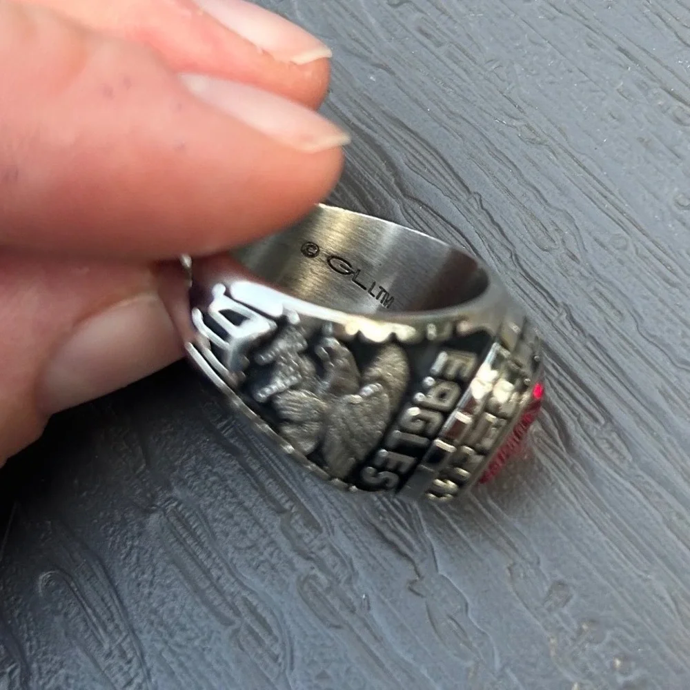 Vintage Eagles Jefferson High School Class Ring Red Stone Silver Tone Size 10
